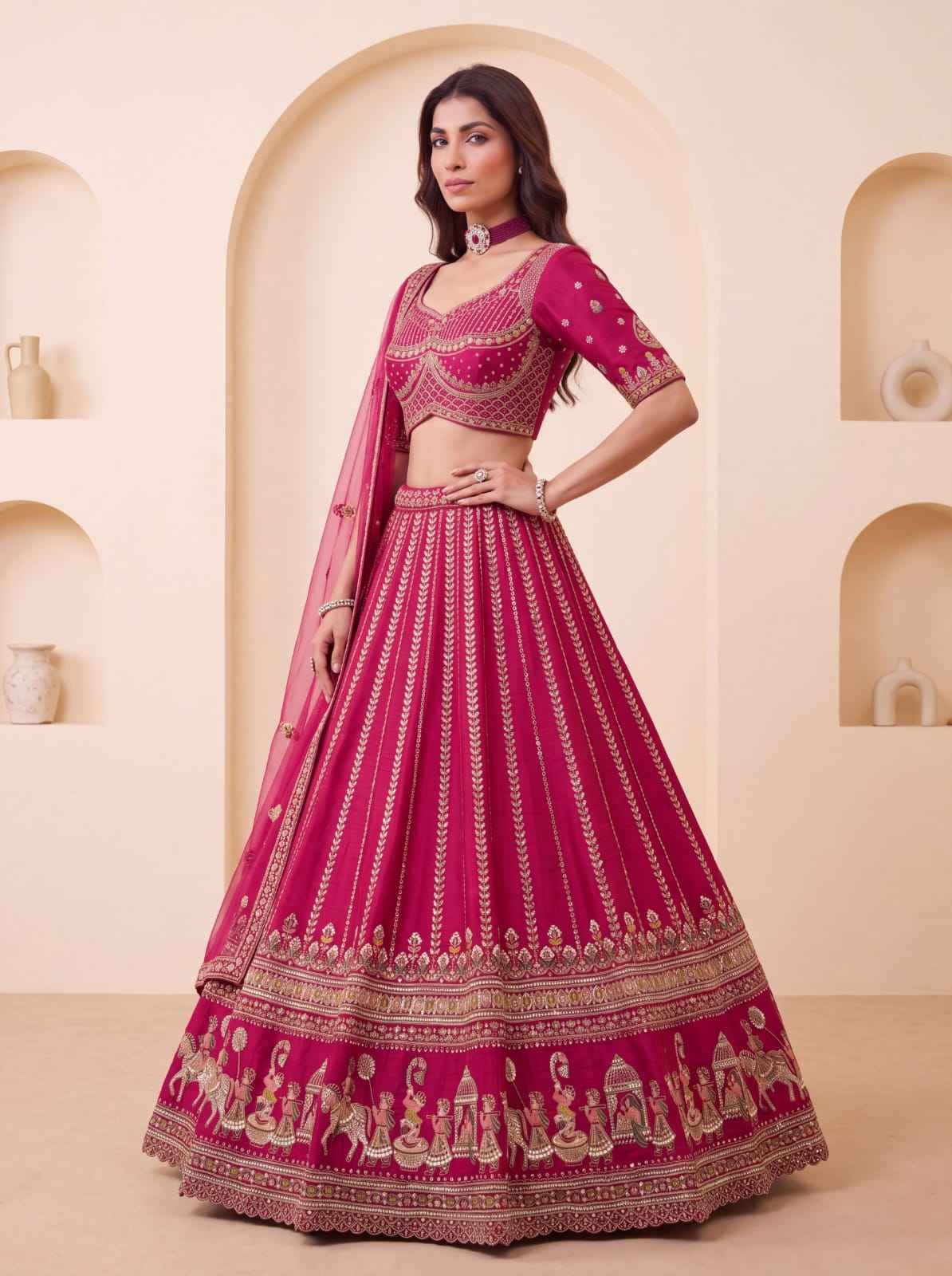 Pink Pure Premium Silk Heavy Beads & Motif Dori Embroidery Zari Sequins Hand Work Bridal Lehenga Choli