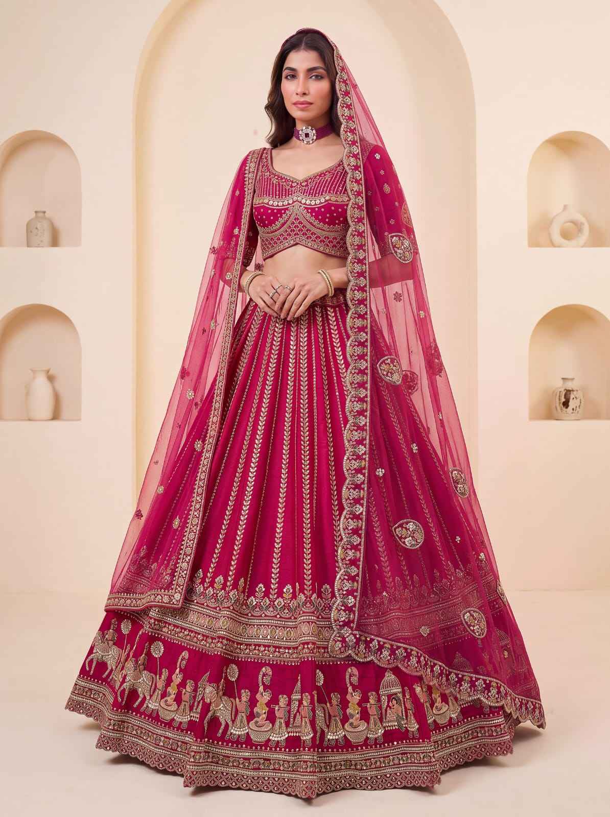 Pink Pure Premium Silk Heavy Beads & Motif Dori Embroidery Zari Sequins Hand Work Bridal Lehenga Choli