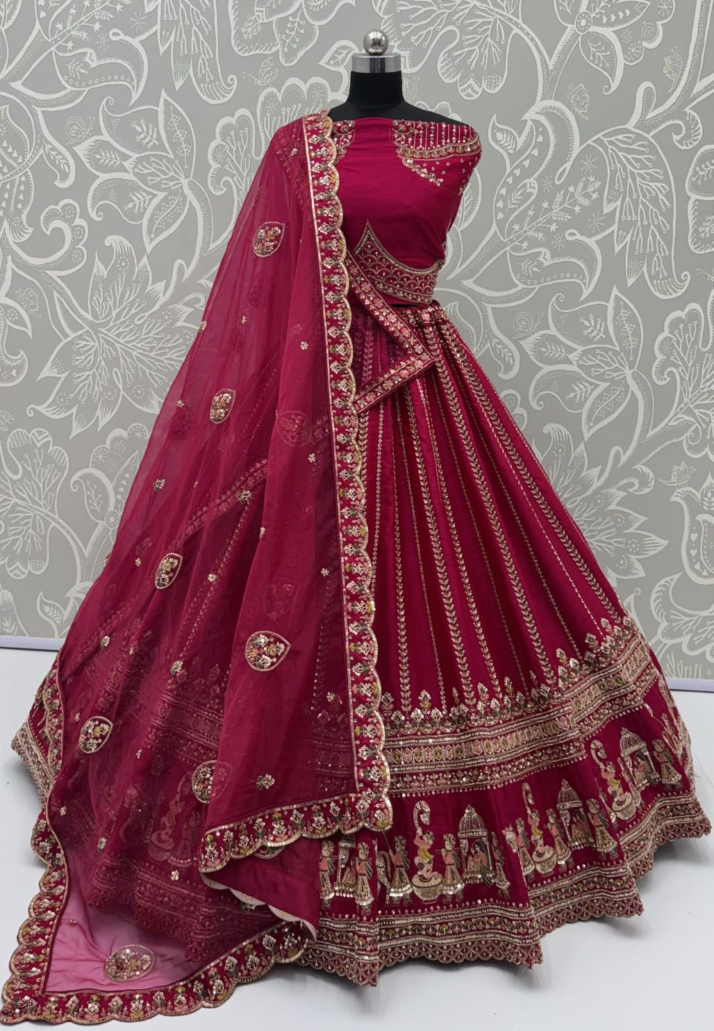 Pink Pure Premium Silk Heavy Beads & Motif Dori Embroidery Zari Sequins Hand Work Bridal Lehenga Choli