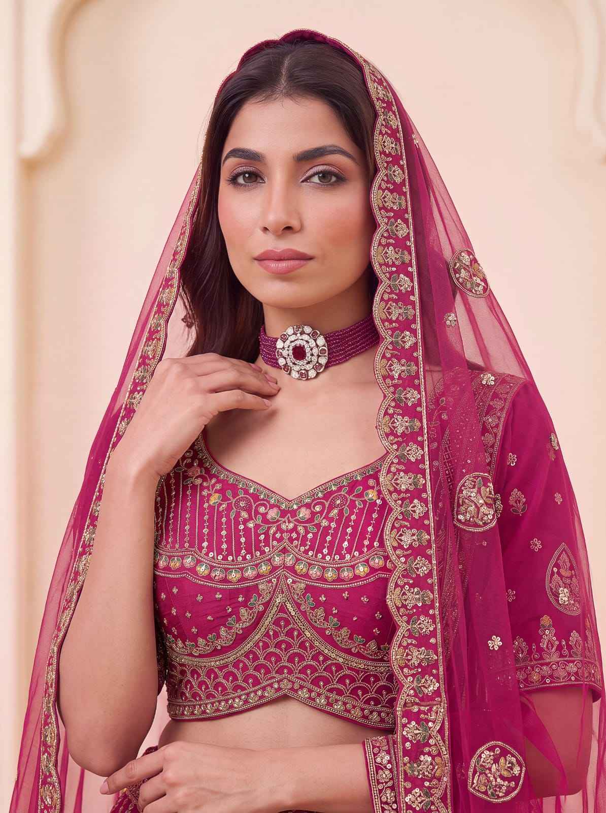 Pink Pure Premium Silk Heavy Beads & Motif Dori Embroidery Zari Sequins Hand Work Bridal Lehenga Choli