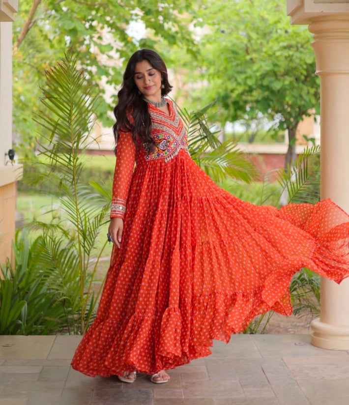 Orange Pure Faux Georgette Bandhani Print With Kutchi Patchwork Anarkali Long Gown