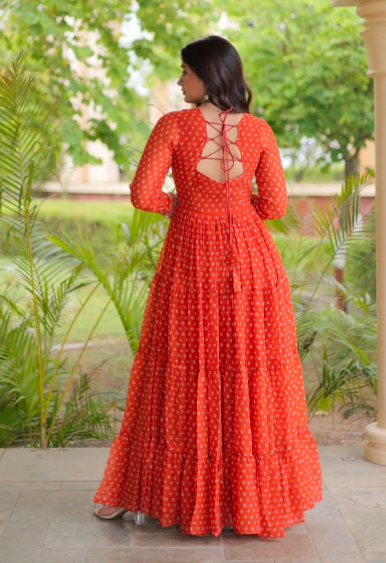 Orange Pure Faux Georgette Bandhani Print With Kutchi Patchwork Anarkali Long Gown