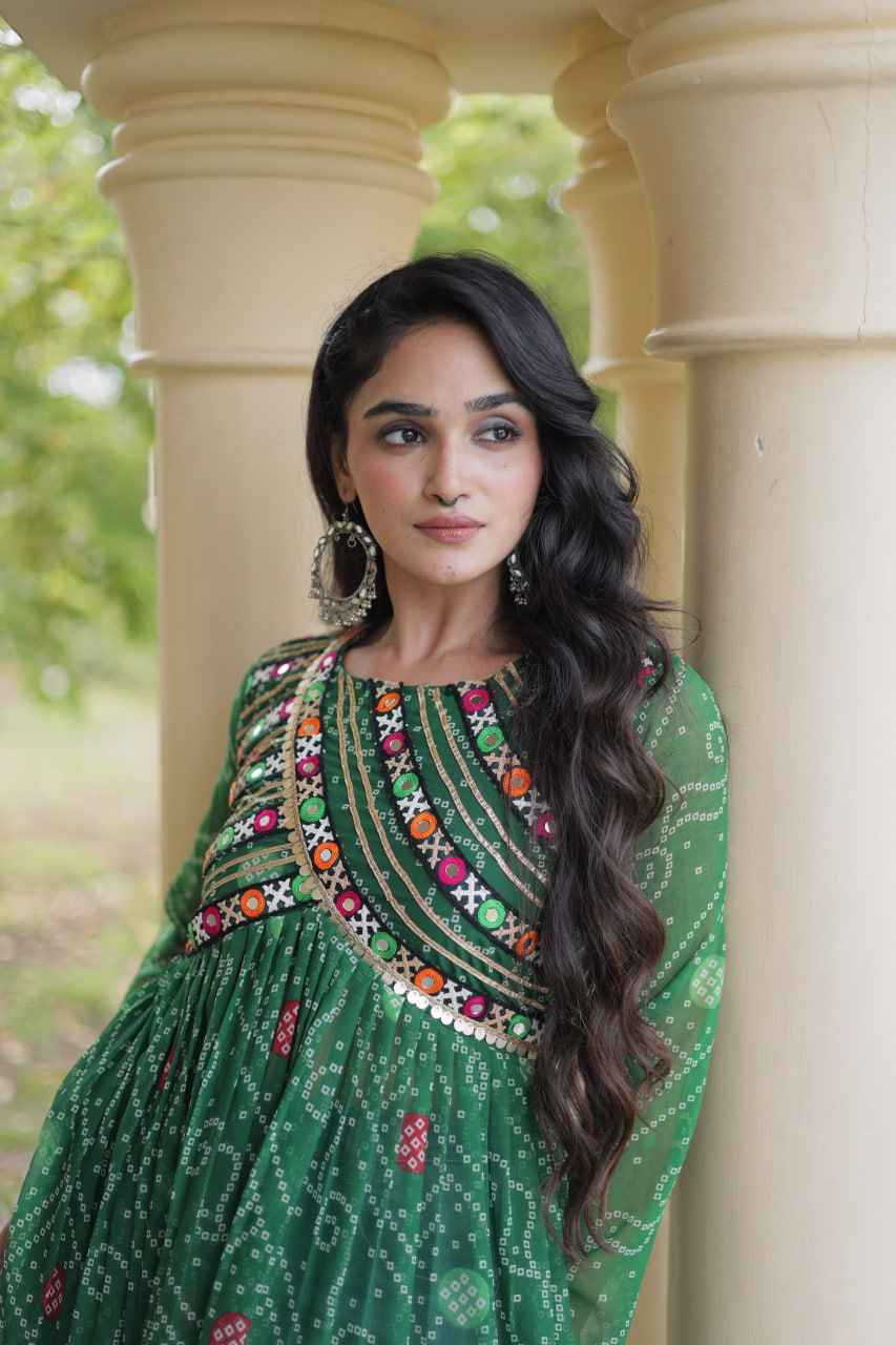 Green Pure Faux Georgette Bandhani Print With Kutchi Patchework Navratri Kurti
