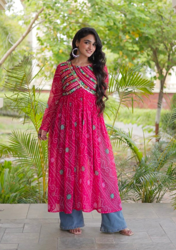 Pink Pure Faux Georgette Bandhani Print With Kutchi Patchework Navratri Kurti