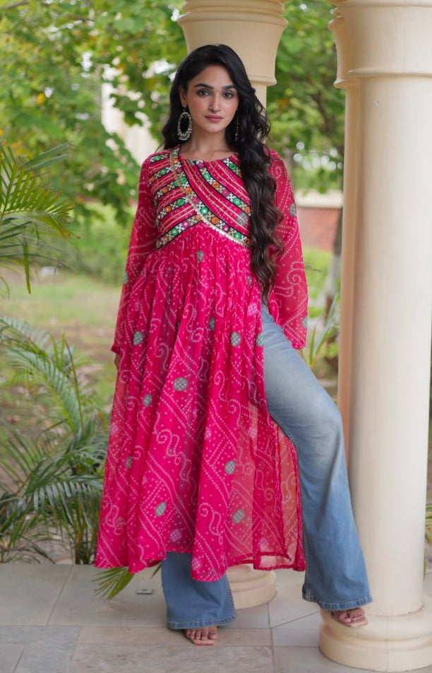 Pink Pure Faux Georgette Bandhani Print With Kutchi Patchework Navratri Kurti