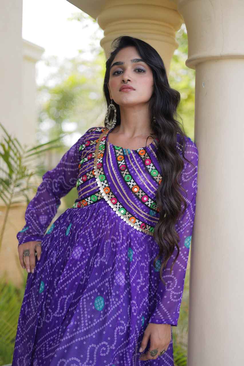 Blue Pure Faux Georgette Bandhani Print With Kutchi Patchework Navratri Kurti