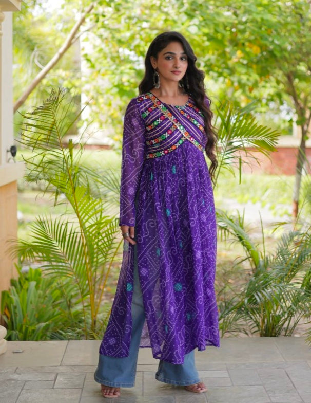 Blue Pure Faux Georgette Bandhani Print With Kutchi Patchework Navratri Kurti