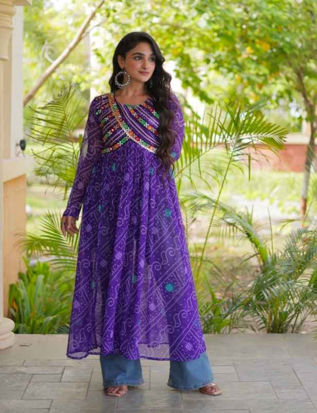 Blue Pure Faux Georgette Bandhani Print With Kutchi Patchework Navratri Kurti