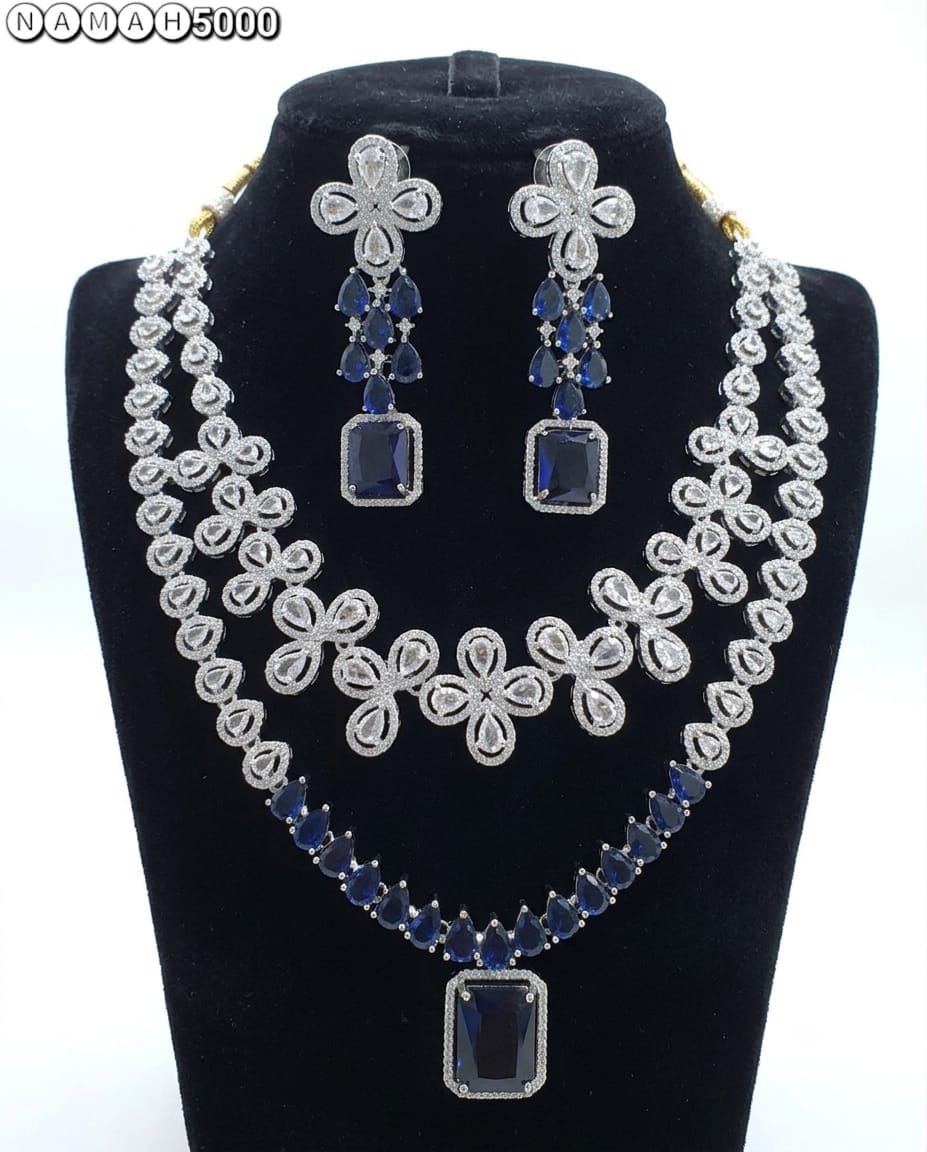 Blue American Diamond Necklace Jewellery Set