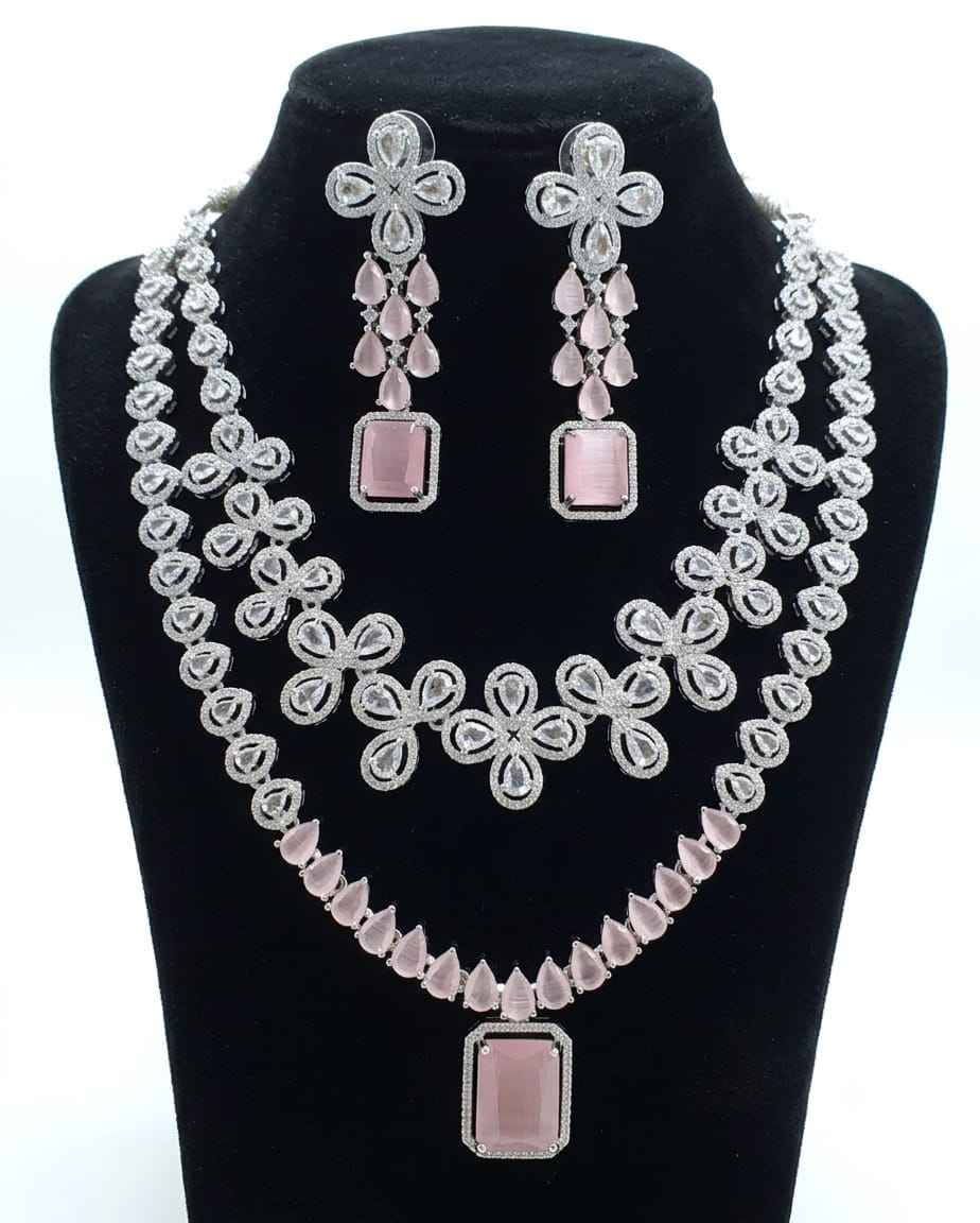 Pink American Diamond Necklace Jewellery Set