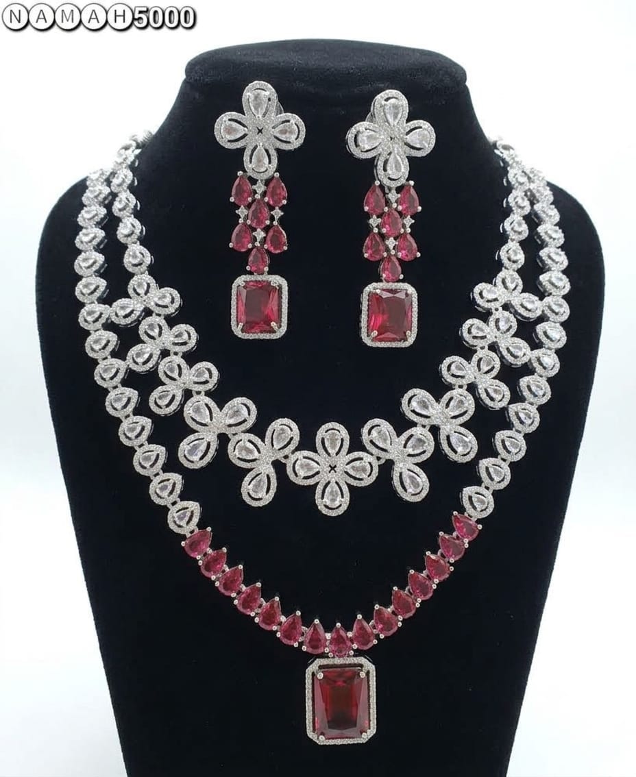 Red American Diamond Necklace Jewellery Set