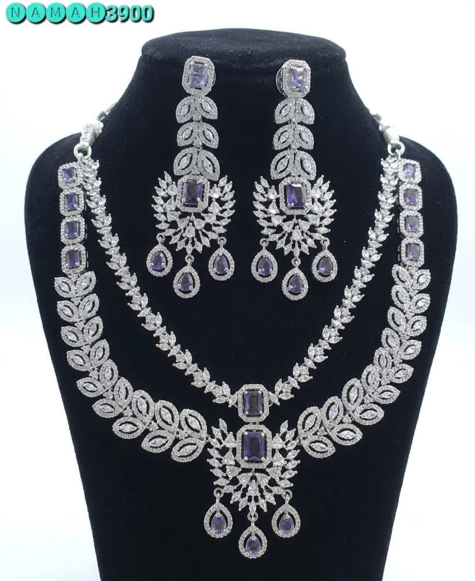 Blue American Diamond Necklace Jewellery Set