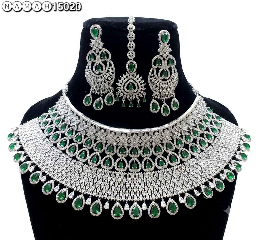 Green White American Diamond Necklace Jewellery Set