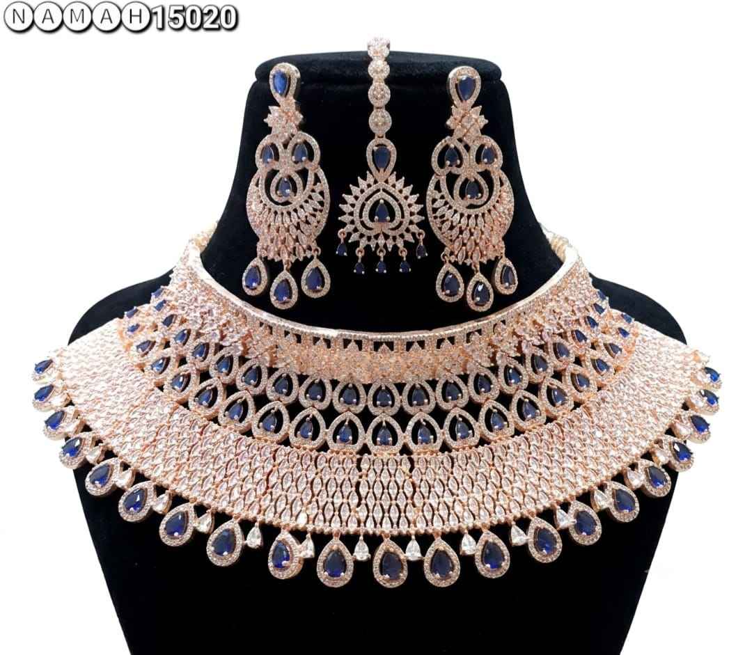 Blue Copper American Diamond Necklace Jewellery Set