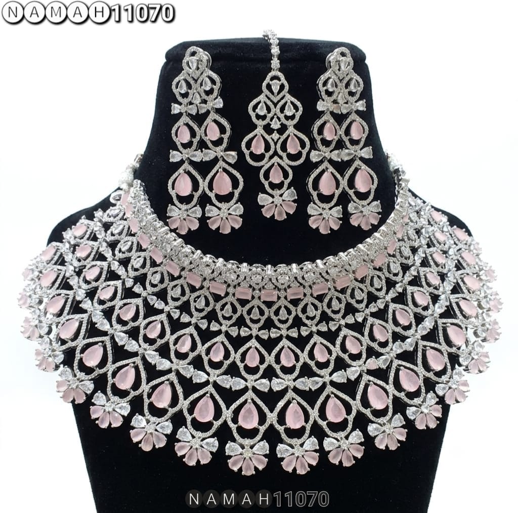 Pink White American Diamond Necklace Jewellery Set