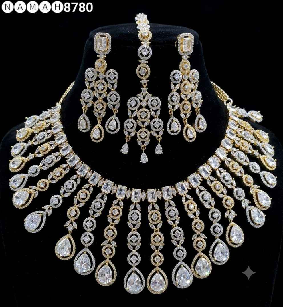 Gold White American Diamond Necklace Jewellery Set