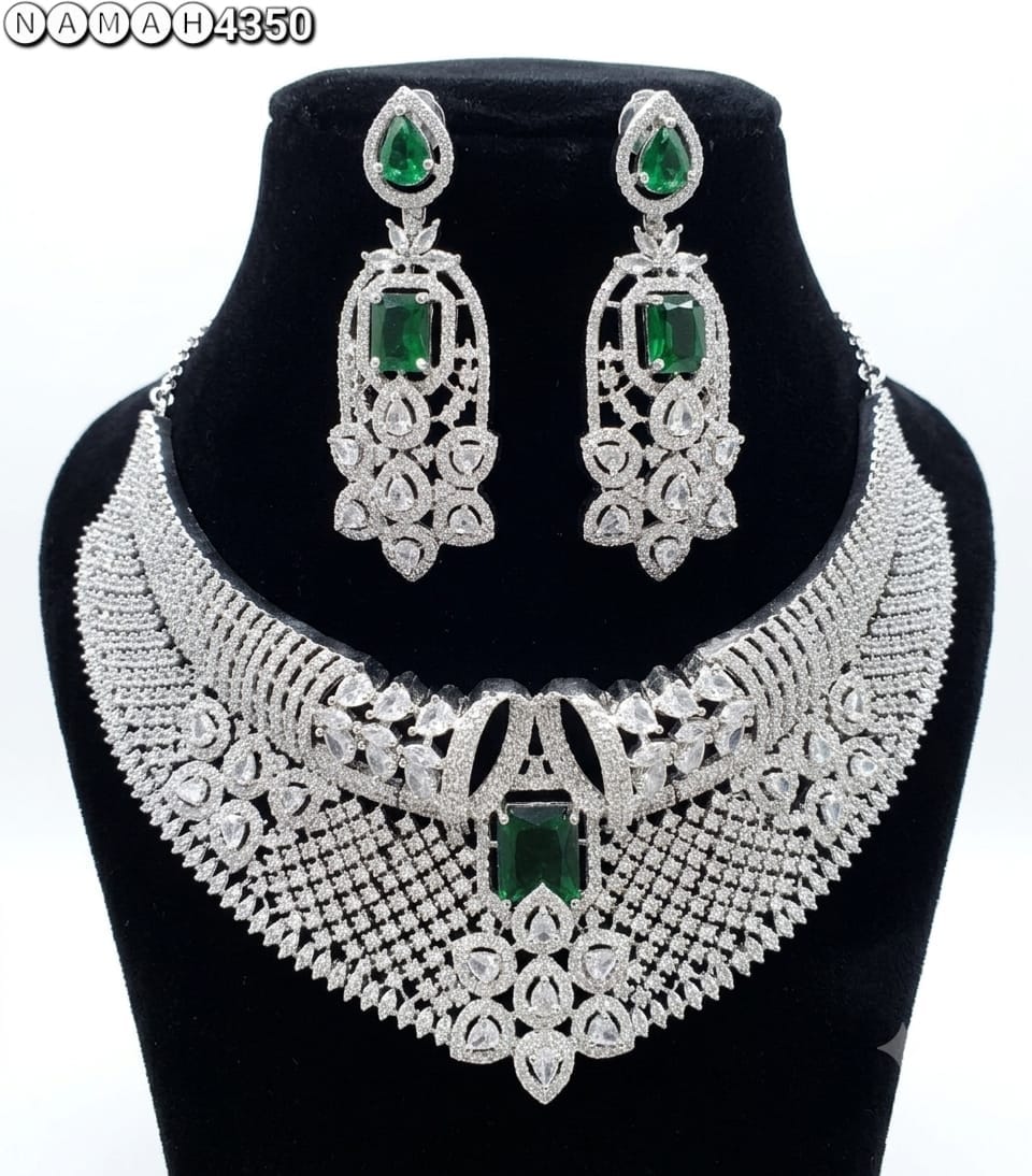 Green White American Diamond Necklace Jewellery Set