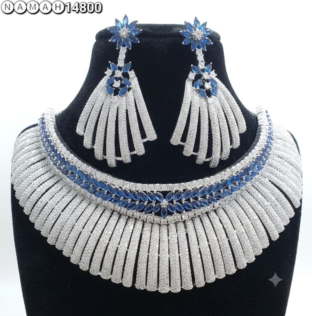 Blue White American Diamond Necklace Jewellery Set