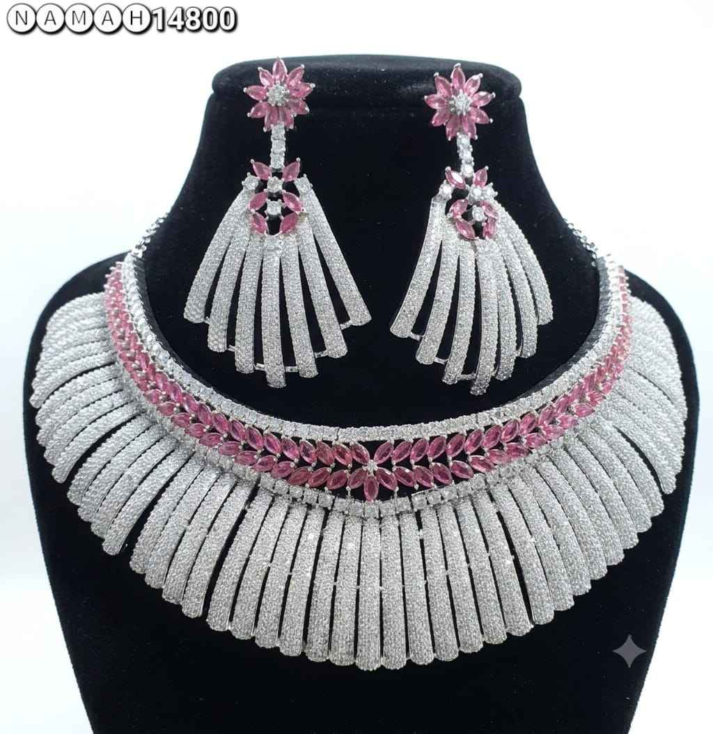 Purple White American Diamond Necklace Jewellery Set