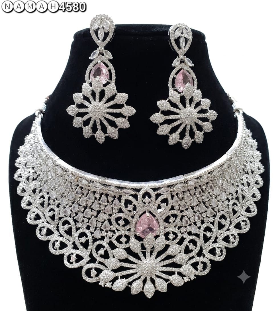 Pink White American Diamond Necklace Jewellery Set