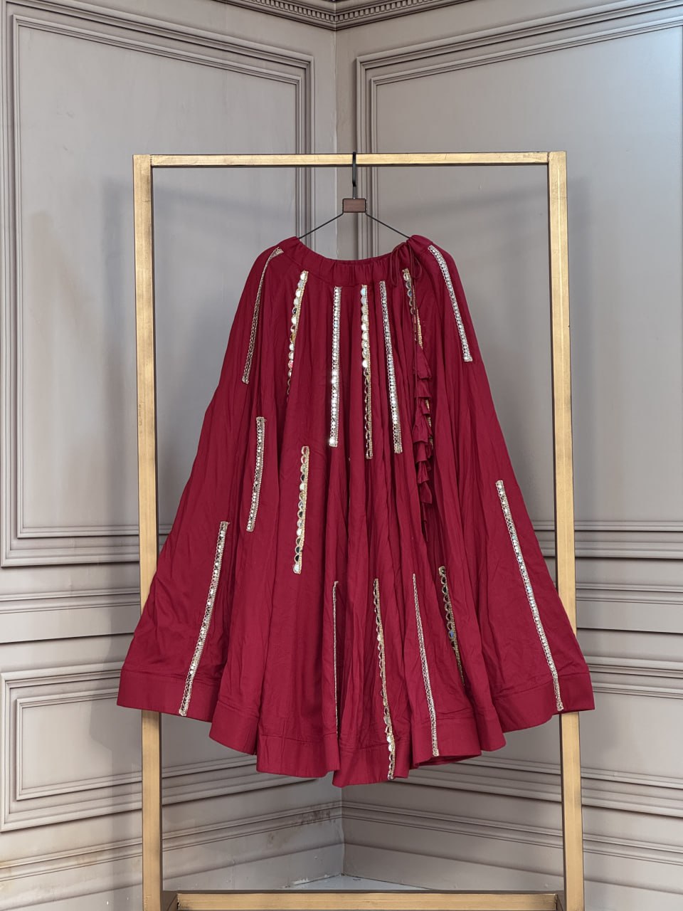 Red Pure Rayon Cotton With Multi Mirror Work Navratri Skirt