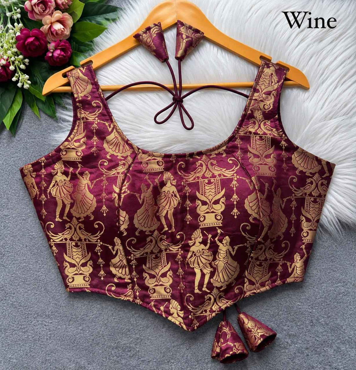 Wine Pure Heavy King Khab Banarasi With Tricot Fuising Sleeveless Banarasi Blouse