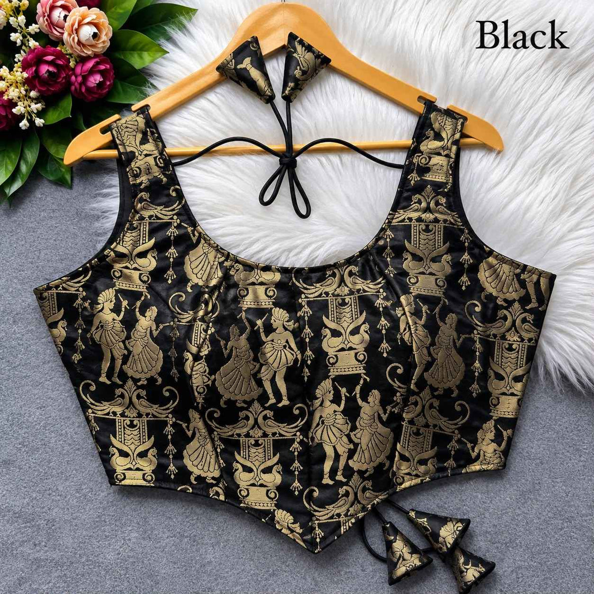 Black Pure Heavy King Khab Banarasi With Tricot Fuising Sleeveless Banarasi Blouse