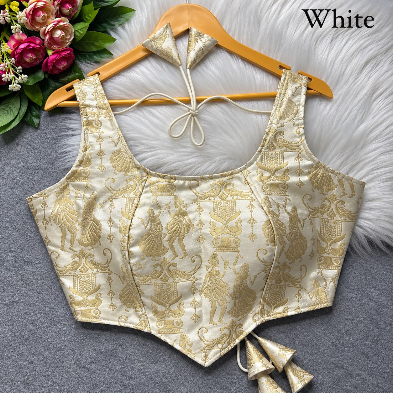 White Pure Heavy King Khab Banarasi With Tricot Fuising Sleeveless Banarasi Blouse