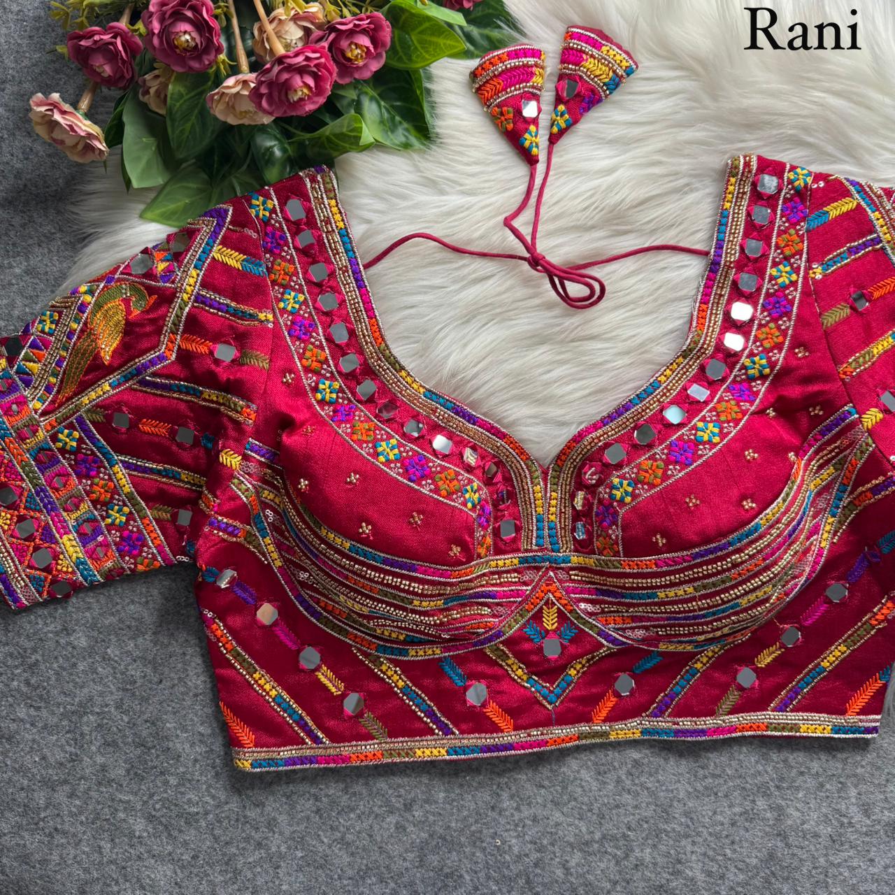 Rani Pure Heavy Italian Soft Silk Beads Thread Real Mirror Work Navratri Blouse