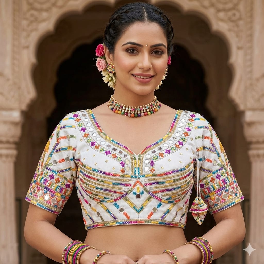 White Pure Heavy Italian Soft Silk Beads Thread Real Mirror Work Navratri Blouse