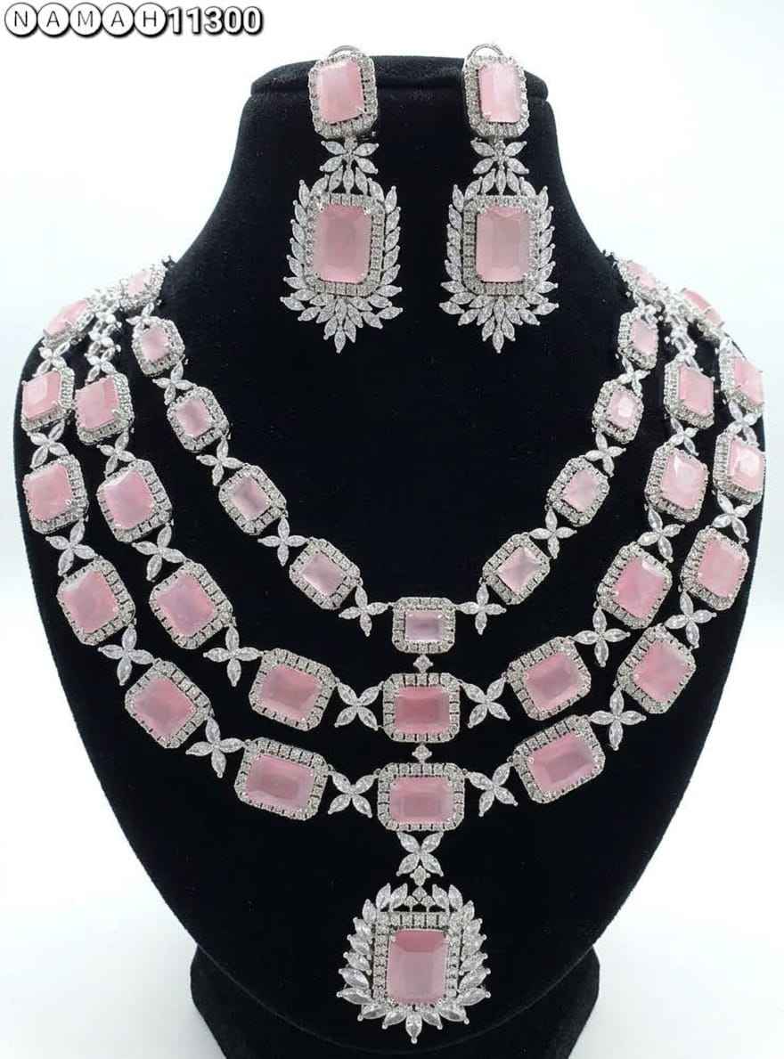 Pink American Diamond Necklace Jewellery Set
