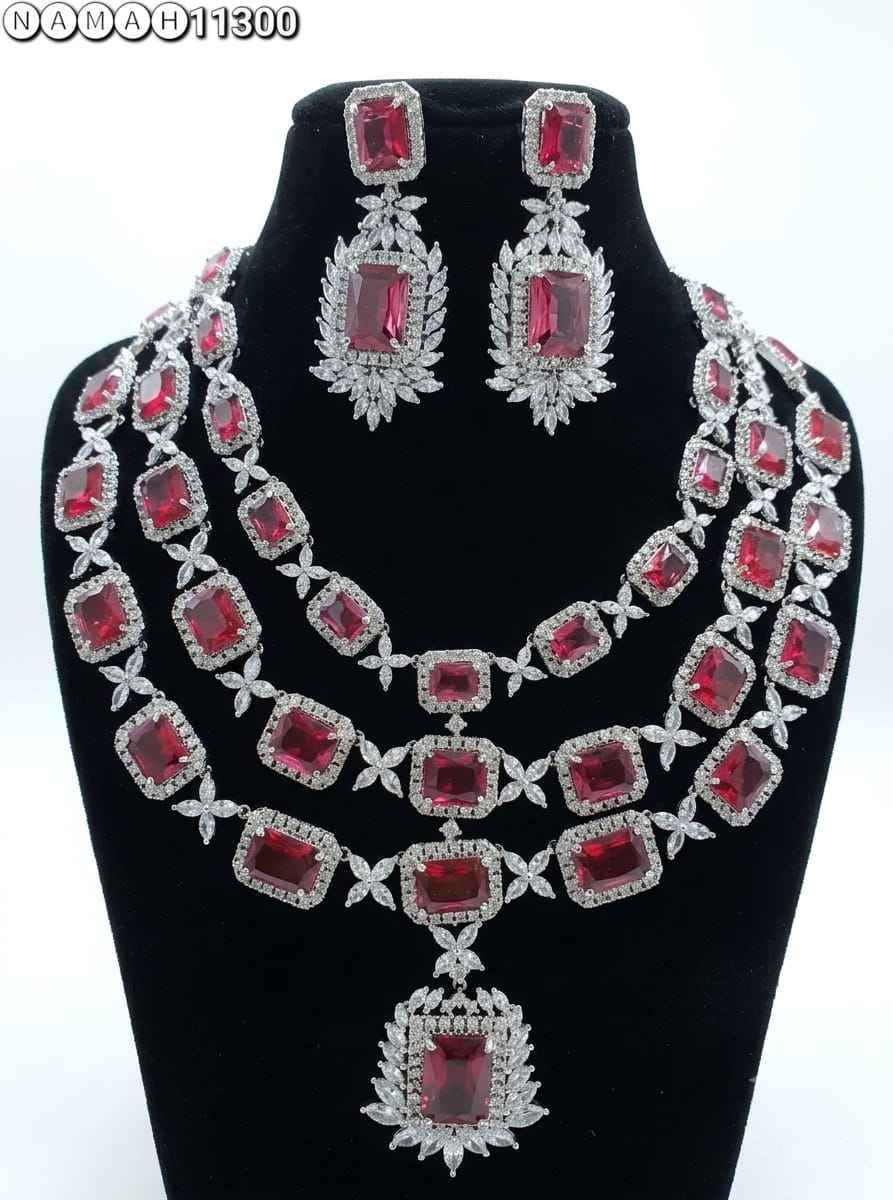 Red American Diamond Necklace Jewellery Set