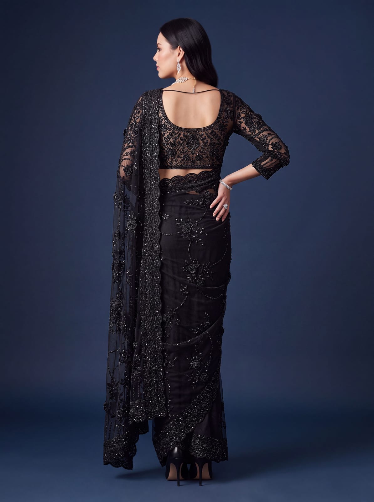Black Pure Premium Net Handwork Flower sequins Long Pan Patti Sequins Beads Work Wedding Saree