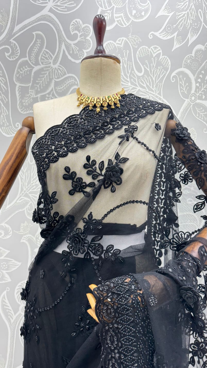 Black Pure Premium Net Handwork Flower sequins Long Pan Patti Sequins Beads Work Wedding Saree