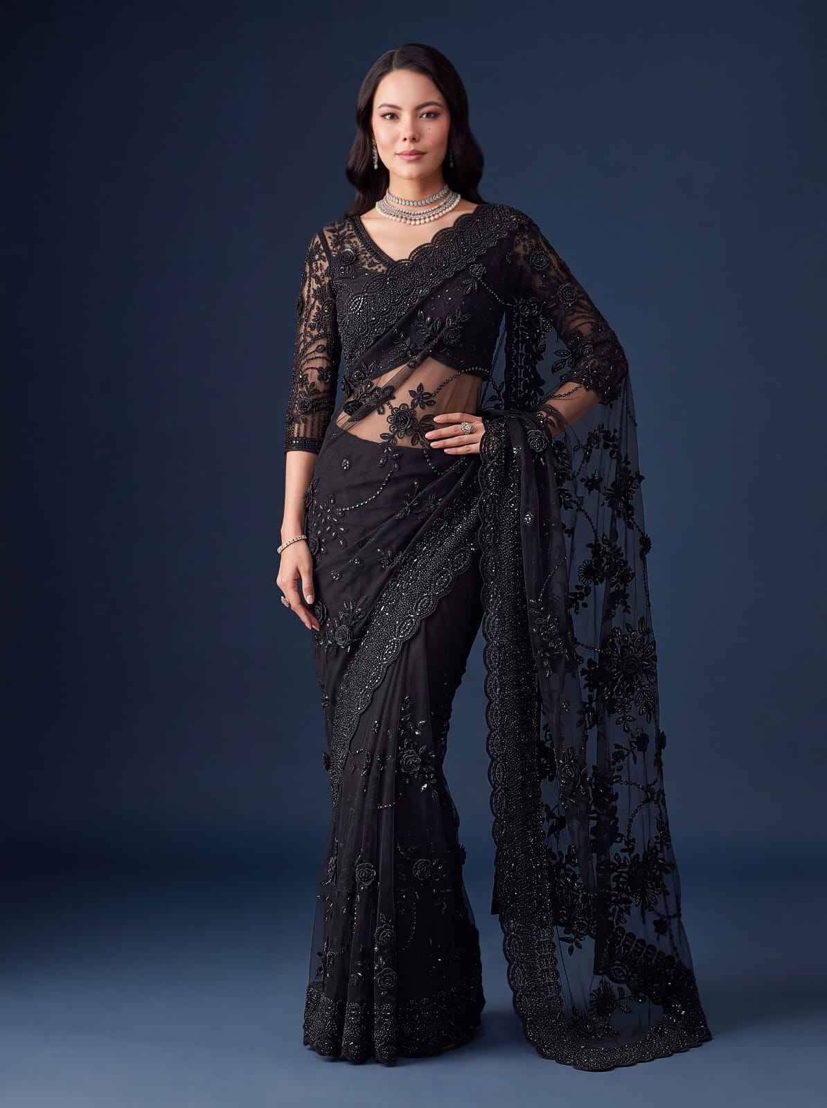 Black Pure Premium Net Handwork Flower sequins Long Pan Patti Sequins Beads Work Wedding Saree