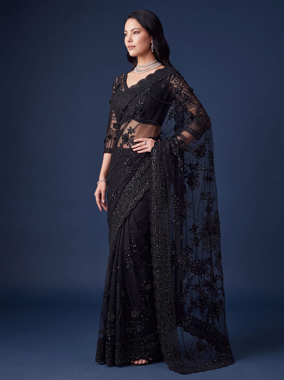 Black Pure Premium Net Handwork Flower sequins Long Pan Patti Sequins Beads Work Wedding Saree