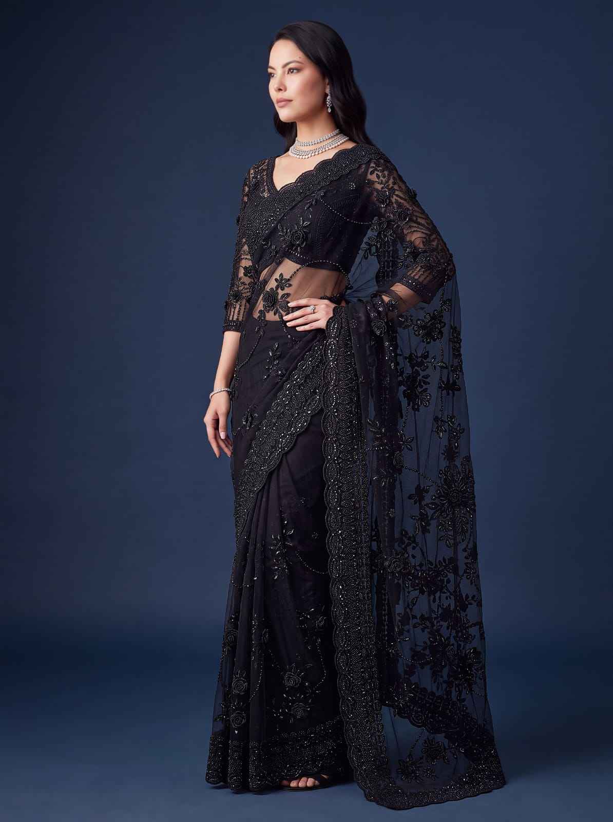 Black Pure Premium Net Handwork Flower sequins Long Pan Patti Sequins Beads Work Wedding Saree