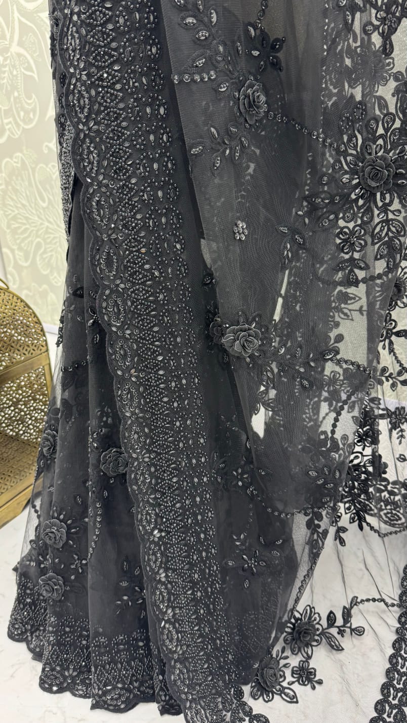 Black Pure Premium Net Handwork Flower sequins Long Pan Patti Sequins Beads Work Wedding Saree