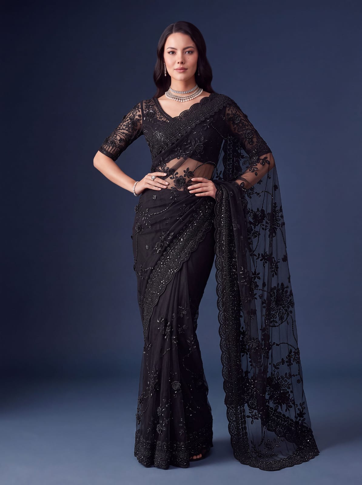 Black Pure Premium Net Handwork Flower sequins Long Pan Patti Sequins Beads Work Wedding Saree