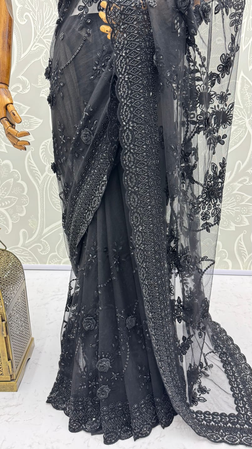 Black Pure Premium Net Handwork Flower sequins Long Pan Patti Sequins Beads Work Wedding Saree