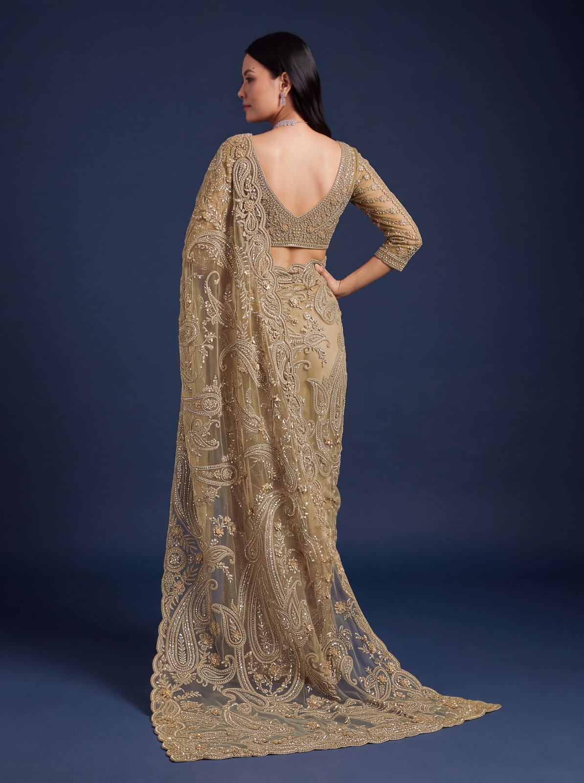 Golden Pure Premium Net Handwork Flower sequins Long Pan Patti Sequins Beads Work Wedding Saree