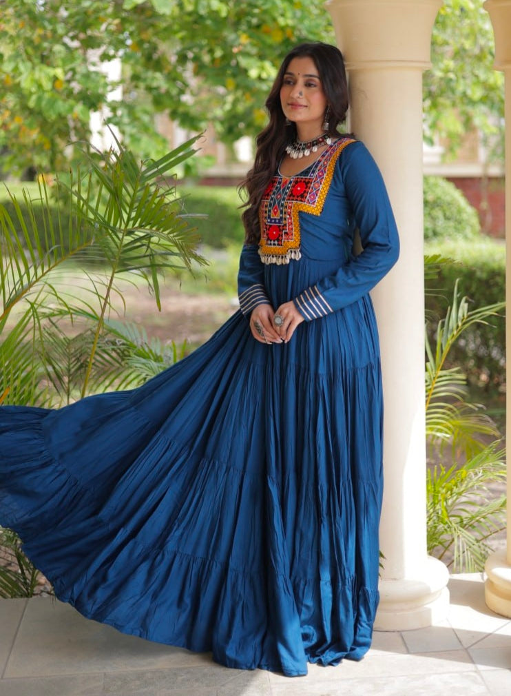 Blue Pure Reyon Kutchi Gamthi Thread Embroidered & Mirror Work Anarkali Long Gown