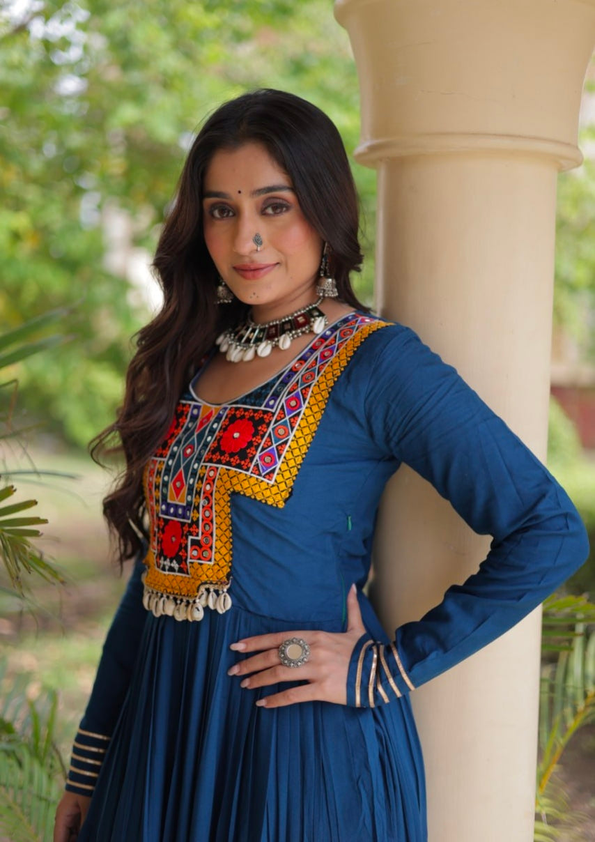Blue Pure Reyon Kutchi Gamthi Thread Embroidered & Mirror Work Anarkali Long Gown