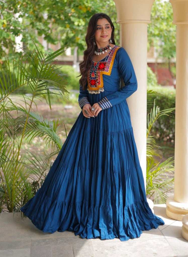 Blue Pure Reyon Kutchi Gamthi Thread Embroidered & Mirror Work Anarkali Long Gown