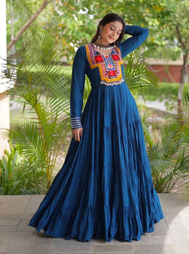 Blue Pure Reyon Kutchi Gamthi Thread Embroidered & Mirror Work Anarkali Long Gown