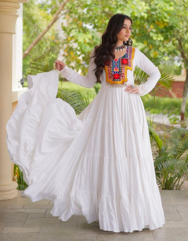 White Pure Reyon Kutchi Gamthi Thread Embroidered & Mirror Work Anarkali Long Gown