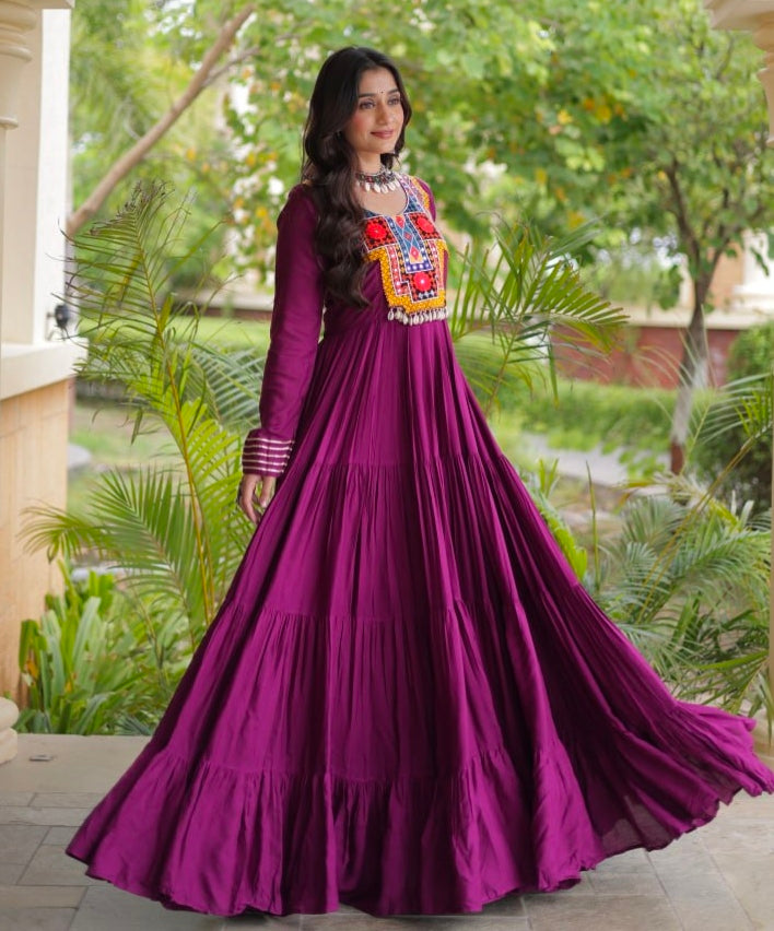 Purple Pure Reyon Kutchi Gamthi Thread Embroidered & Mirror Work Anarkali Long Gown