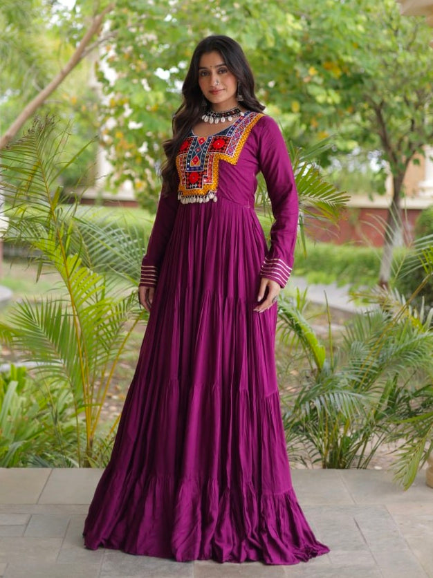 Purple Pure Reyon Kutchi Gamthi Thread Embroidered & Mirror Work Anarkali Long Gown