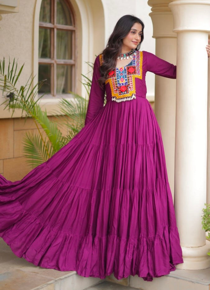 Purple Pure Reyon Kutchi Gamthi Thread Embroidered & Mirror Work Anarkali Long Gown