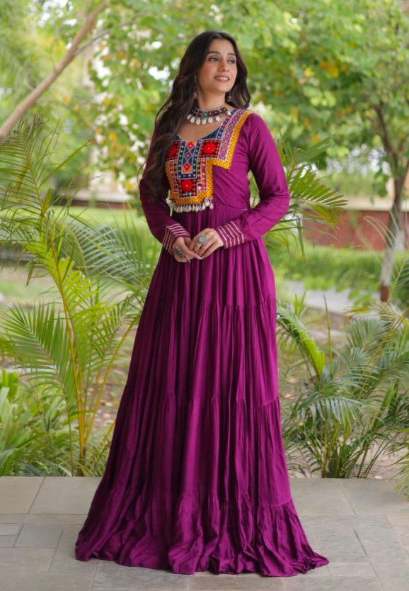 Purple Pure Reyon Kutchi Gamthi Thread Embroidered & Mirror Work Anarkali Long Gown